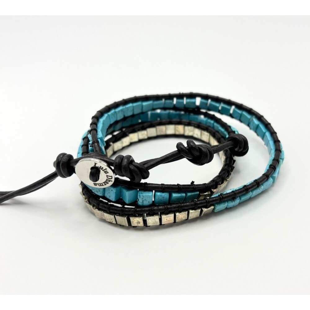 Lulu Dharma Wrap Bracelet Blue Square Beads Simulated Turquoise Black Cord Boho